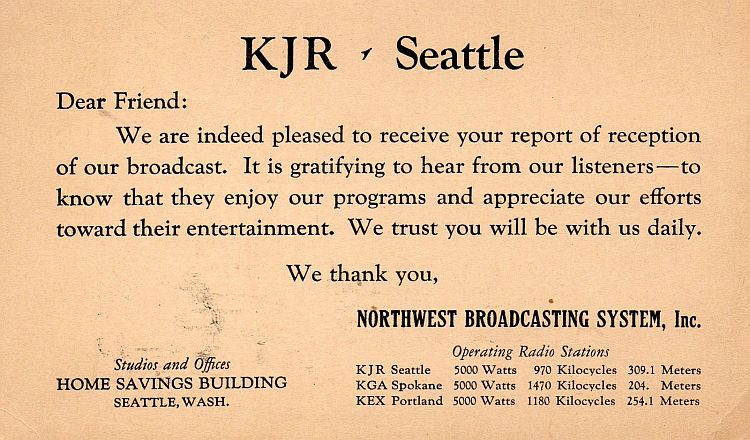 KJR QSL Card 1930