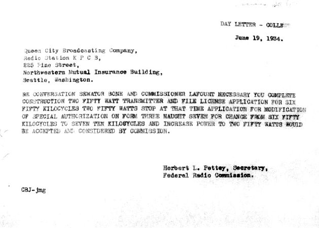 Radio Commission telegram to KPCB